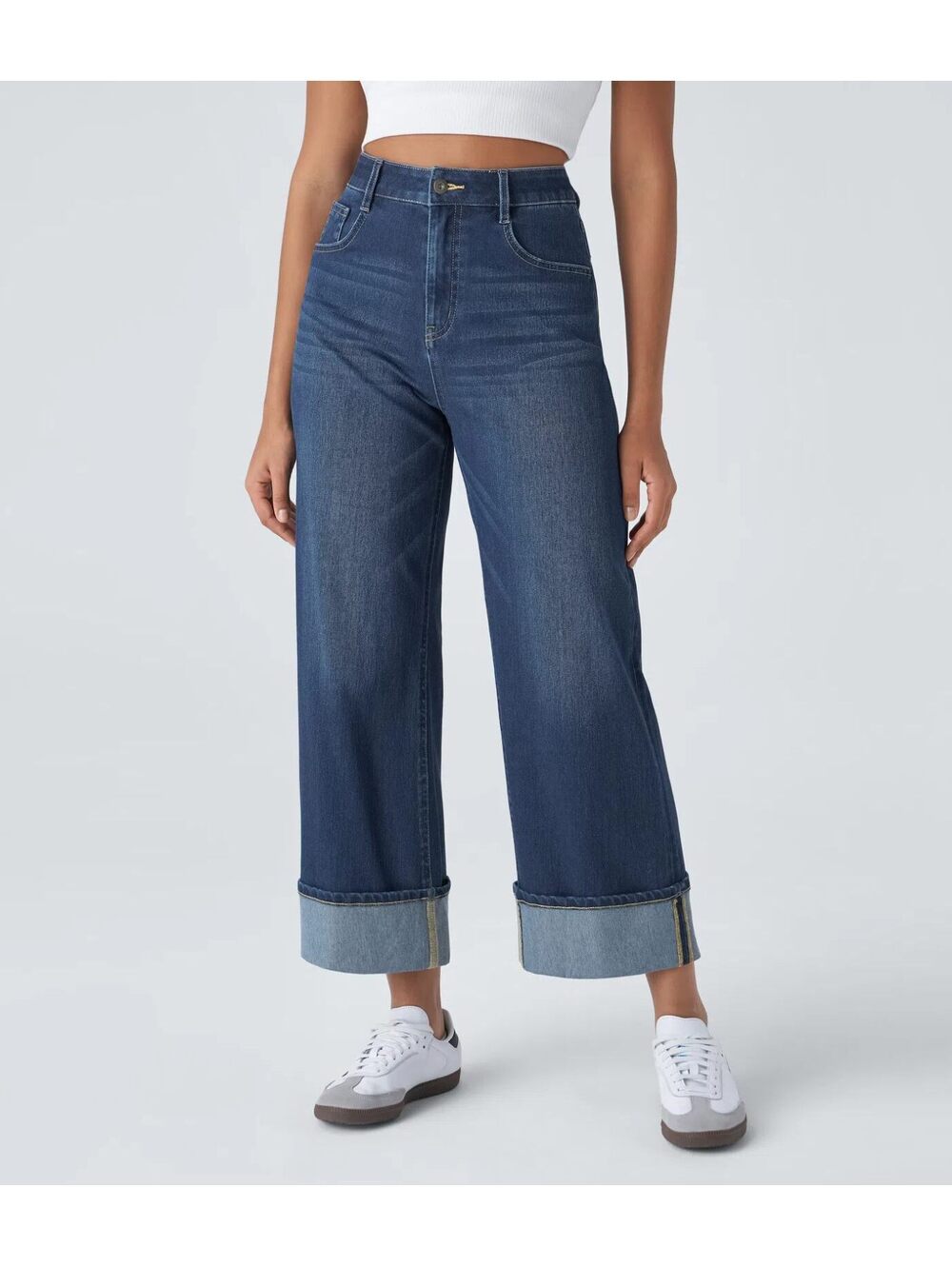 HALARA High Waisted Pockets Rolled Hem Wide Leg Washed Casual Jeans Size XL Reg